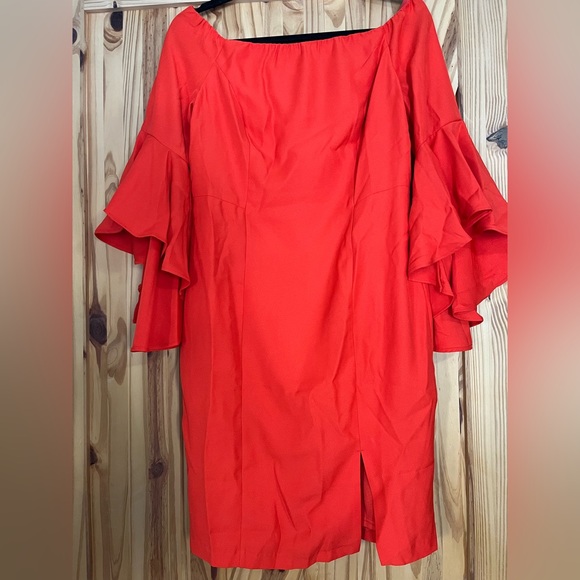 Orange off the shoulder sleeve detail dress - Picture 2 of 6